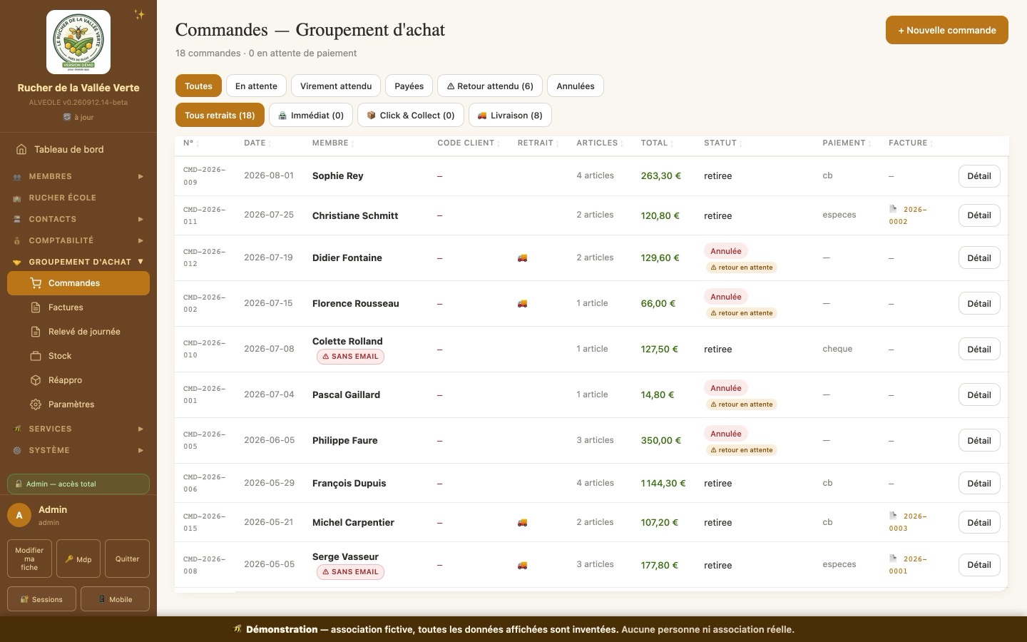Commandes — copie d'écran d'Alvéole App